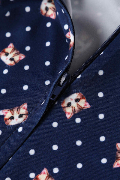 Close up View of Cat Face Blue Long Sleeved Dress