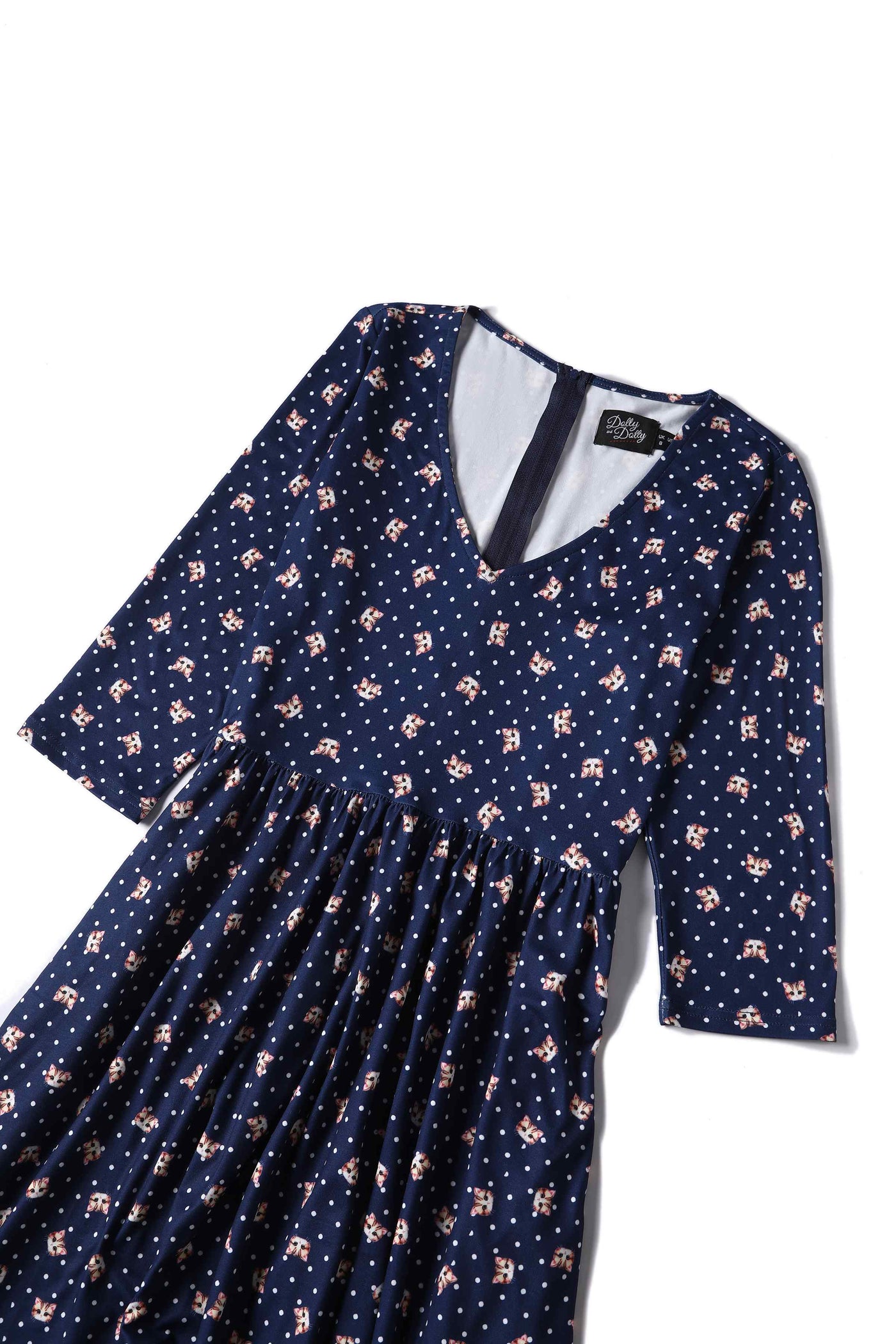 Top view of cat face print, navy blue Long Sleeved Dress