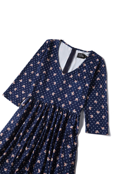 Top view of cat face print, navy blue Long Sleeved Dress