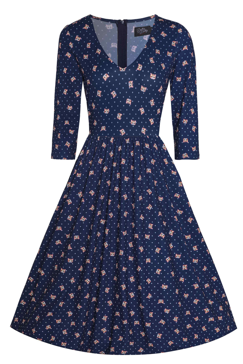 Front View of Cat Face Blue Long Sleeved Dress