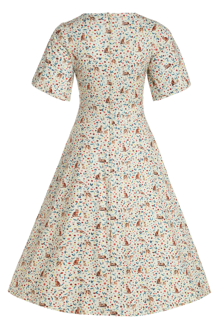 navy blue dress for baby girl Janice Ivory Cream Sleeved Tea Dress in Cat Floral Print