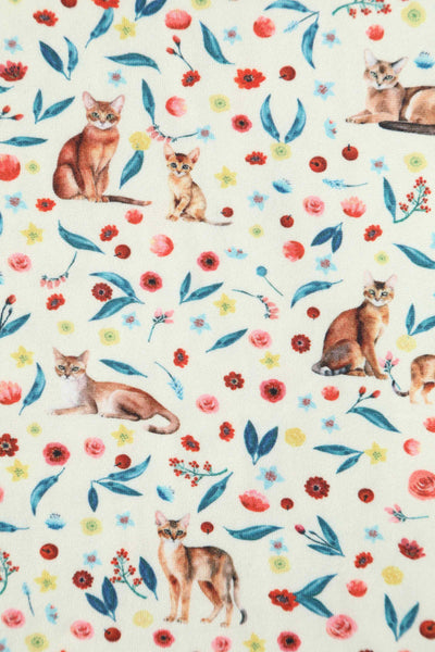 cream fabric, with cats, leaves and flower print