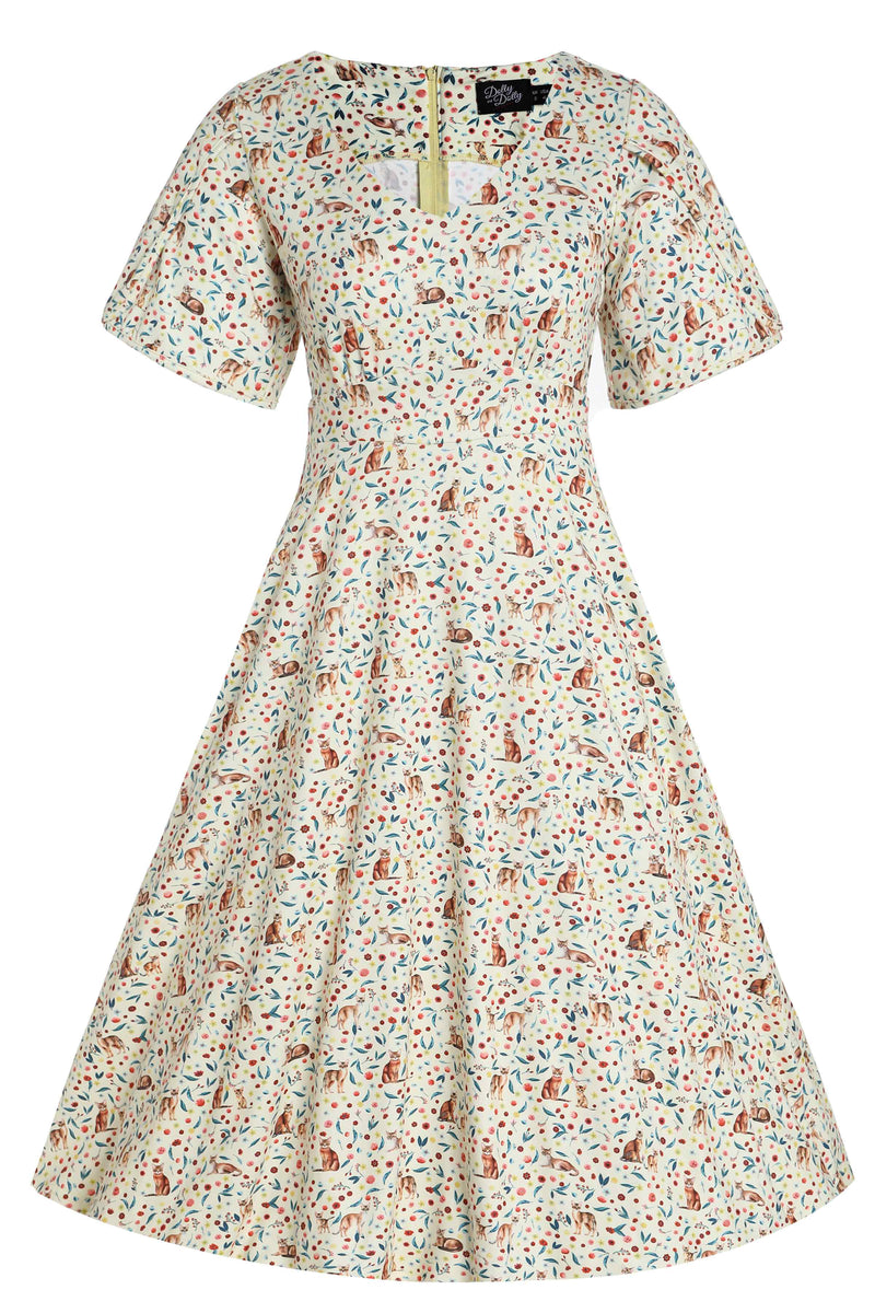 Janice Ivory Cream Sleeved Tea Dress in Cat Floral Print
