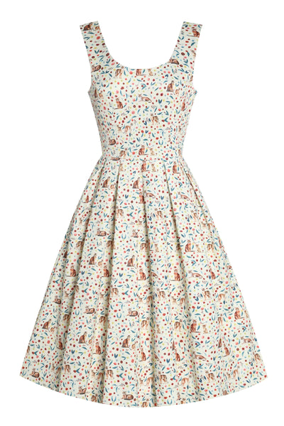 Front view of Ivory Cream Flared Dress in Cat Floral Print