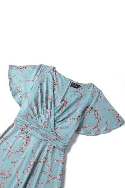 Close up View of Cherry Blossom Tea Dress in Blue