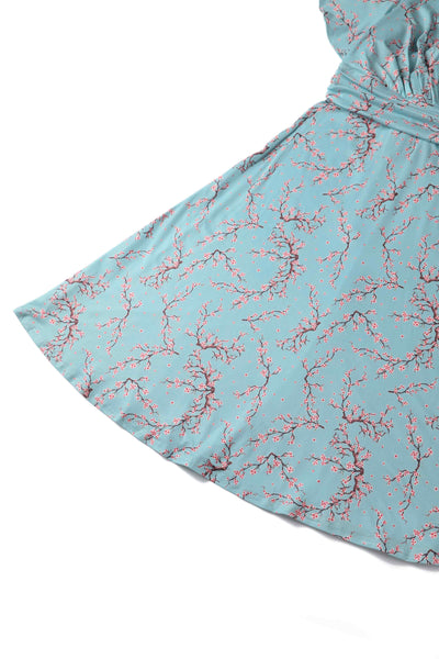 Close up View of Cherry Blossom Tea Dress in Blue
