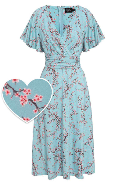Front View of Cherry Blossom Tea Dress in Blue