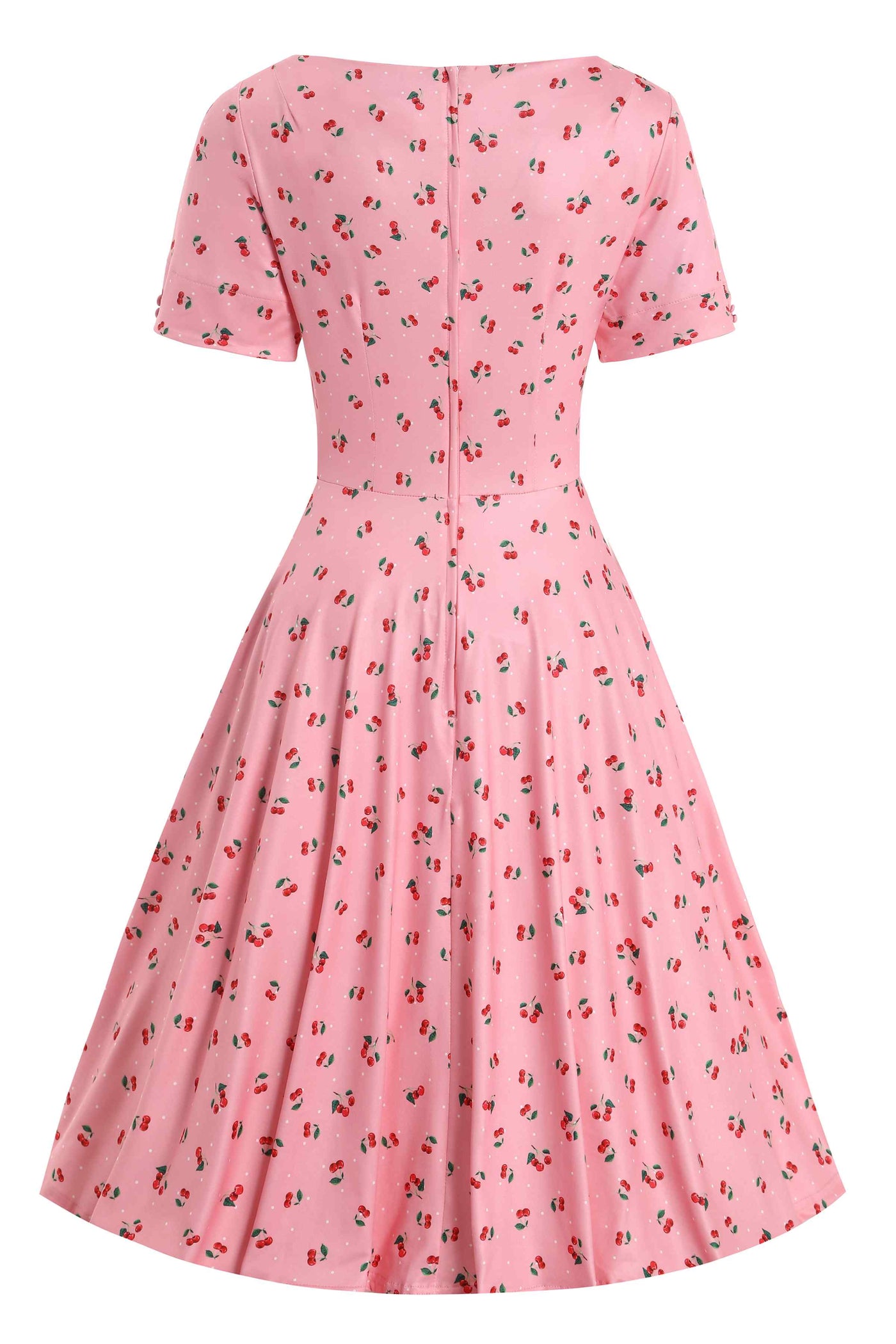 Back view of Cherry Print 50s Style Dress in Pink