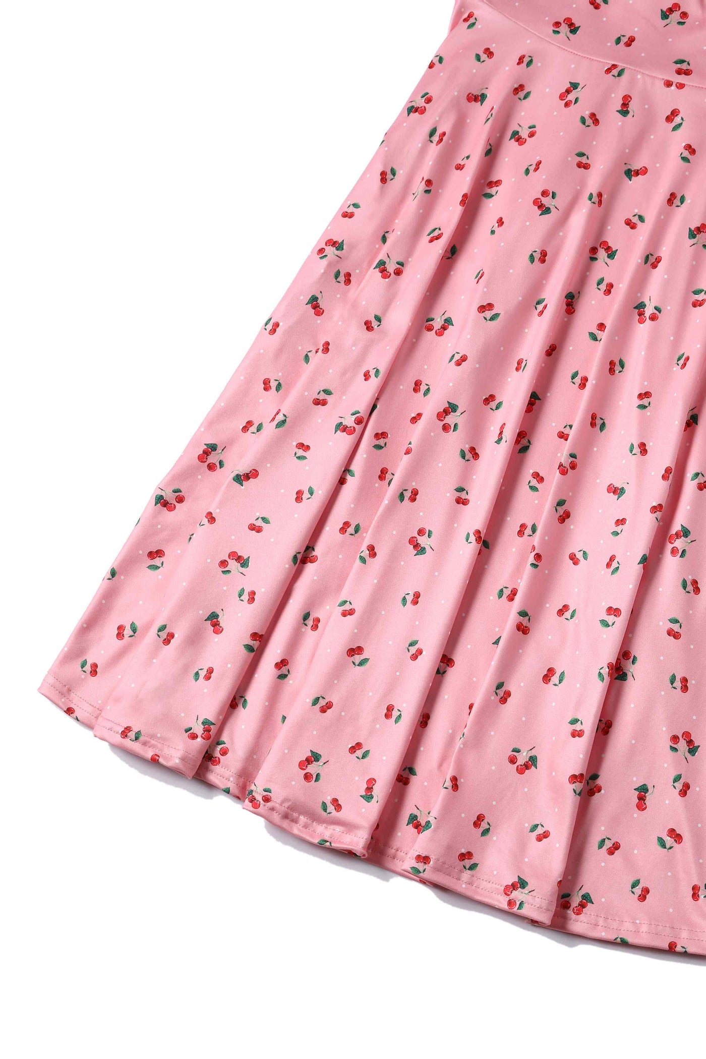 Close up view of Cherry Print 50s Style Dress in Pink