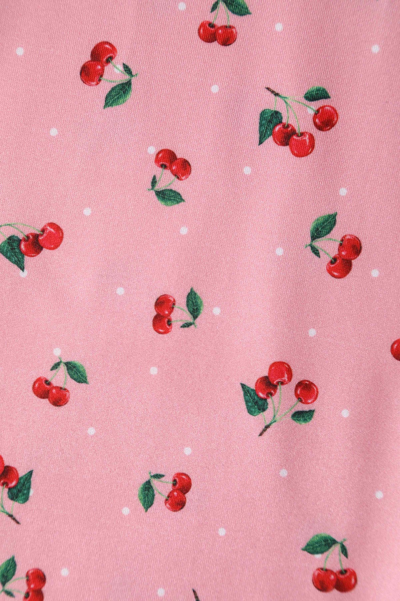 Close up view of Cherry Print 50s Style Dress in Pink