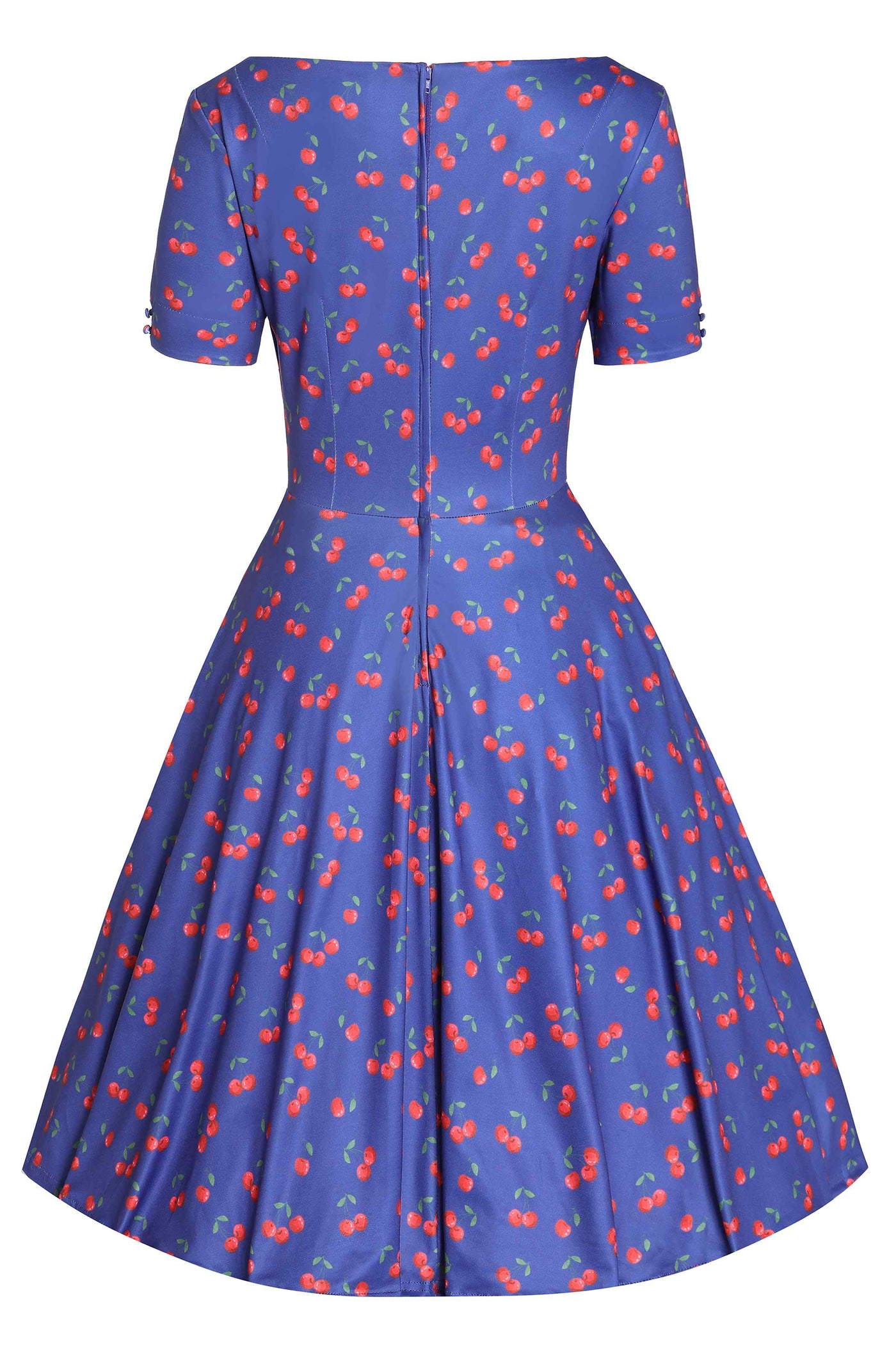 Back view of Cherry Print Flared Dress in Blue