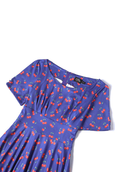 Close up view of Cherry Print Flared Dress in Blue