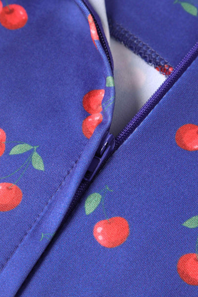 Close up view of Cherry Print Flared Dress in Blue