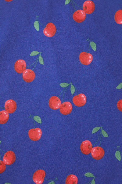 Close up view of Cherry Print Flared Dress in Blue