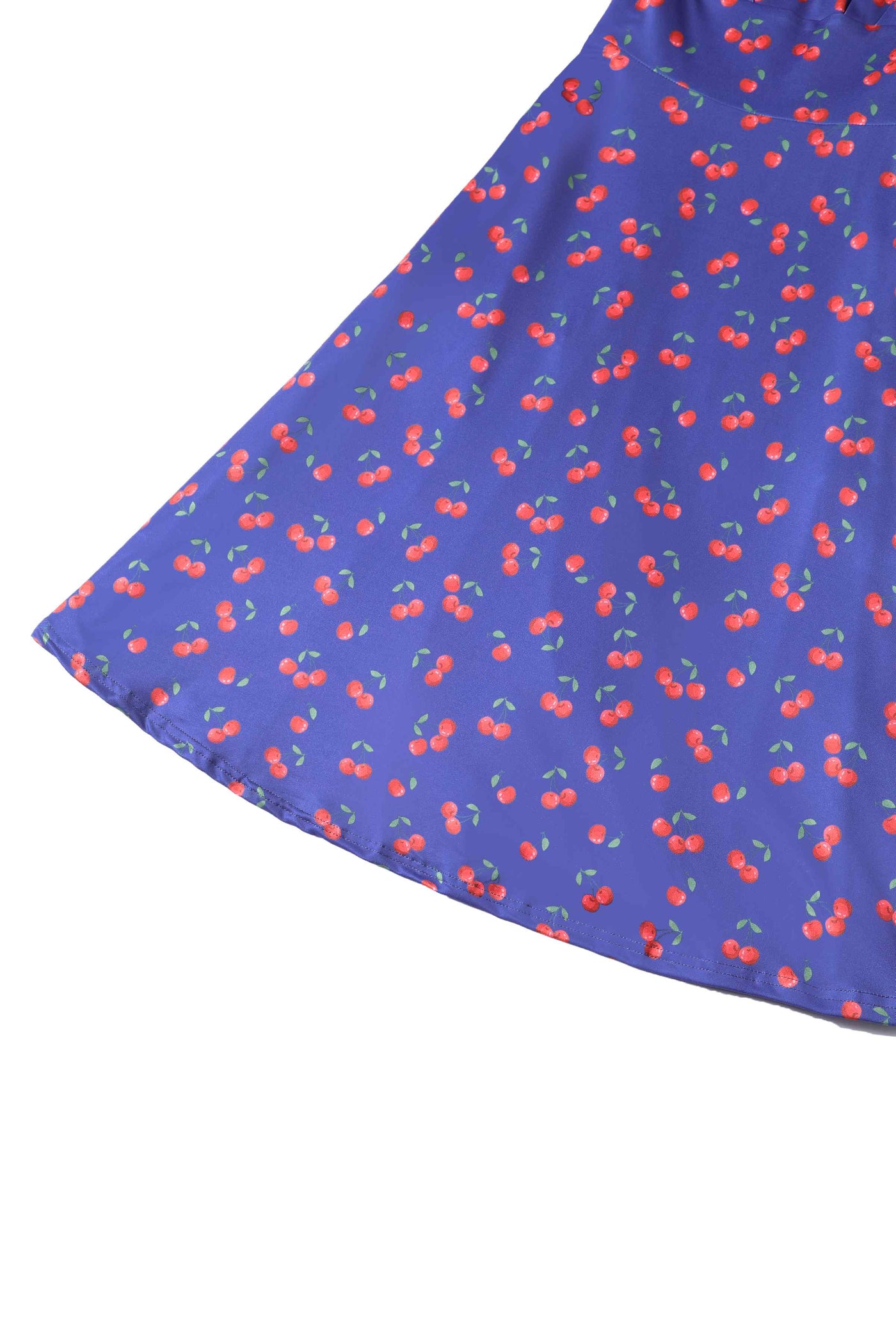 Close up view of Cherry Print Flared Dress in Blue