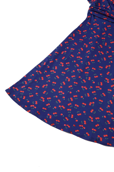 Close up View of Cherry Print Tea Dress in Navy Blue
