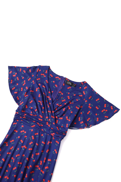 Close up View of Cherry Print Tea Dress in Navy Blue