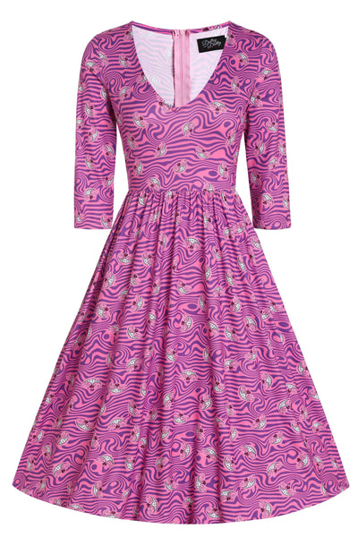 Front View of Cheshire Cat Smile Pink Long Sleeved Dress