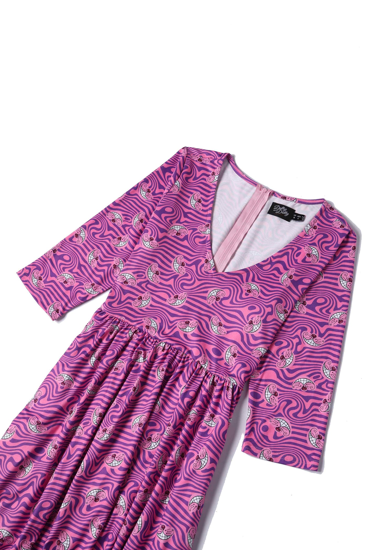 Close up View of Cheshire Cat Smile Pink Long Sleeved Dress