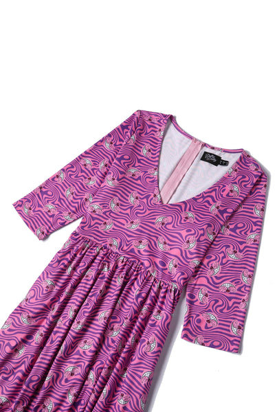 Close up View of Cheshire Cat Smile Pink Long Sleeved Dress