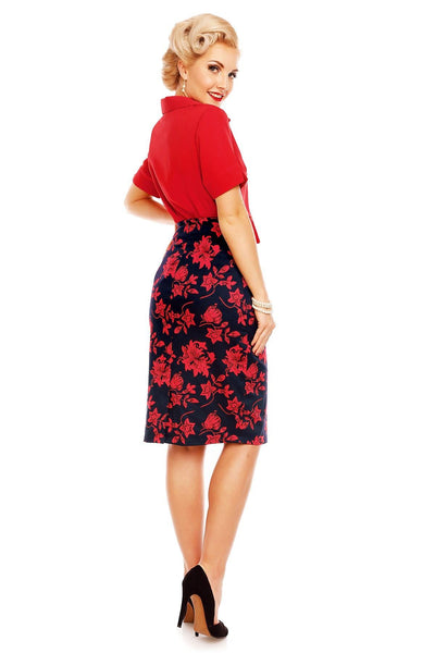 Chic Pencil Floral Skirt in Navy Blue-Red