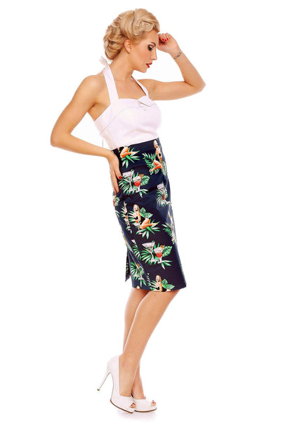 Chic Pencil Skirt in Navy Blue Pinup Print