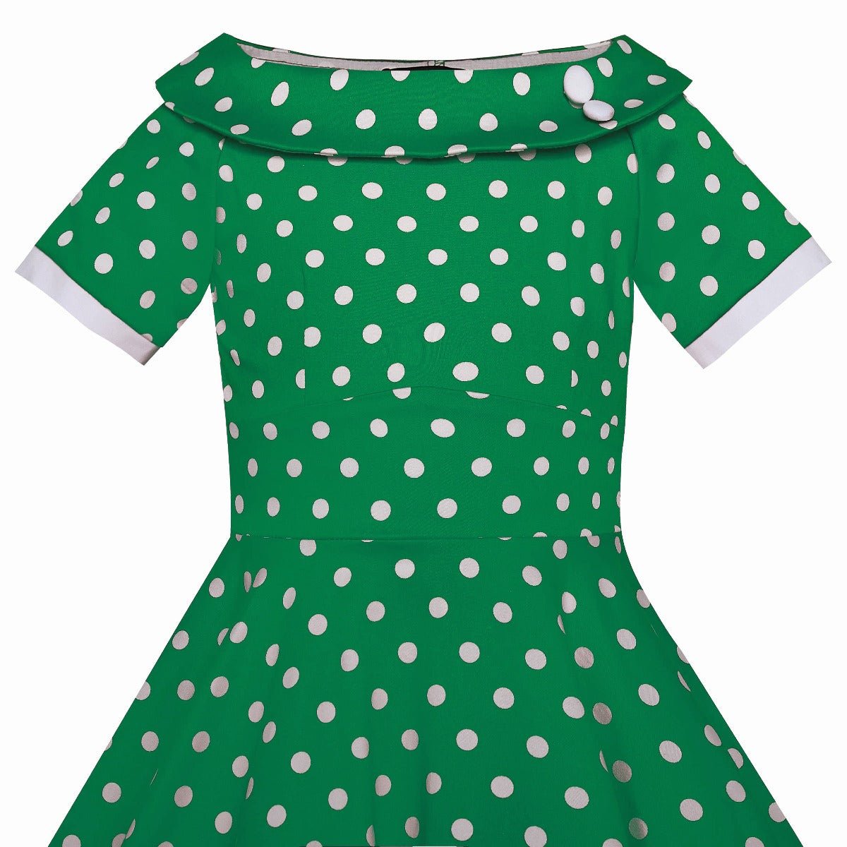 Top view of dark green polka dot print Darlene dress