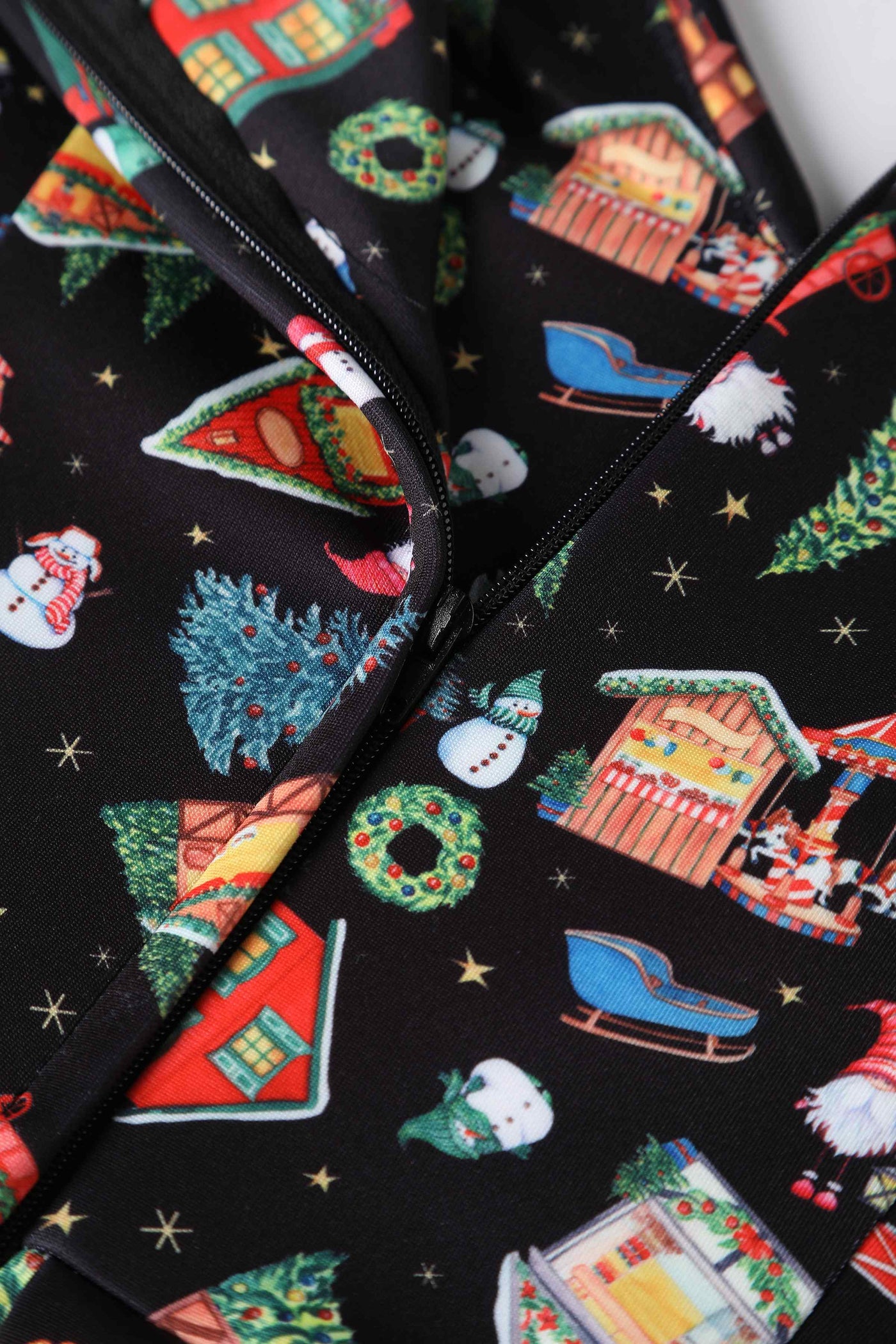 Close up View of Christmas Fair Print Off Shoulder Dress in Black