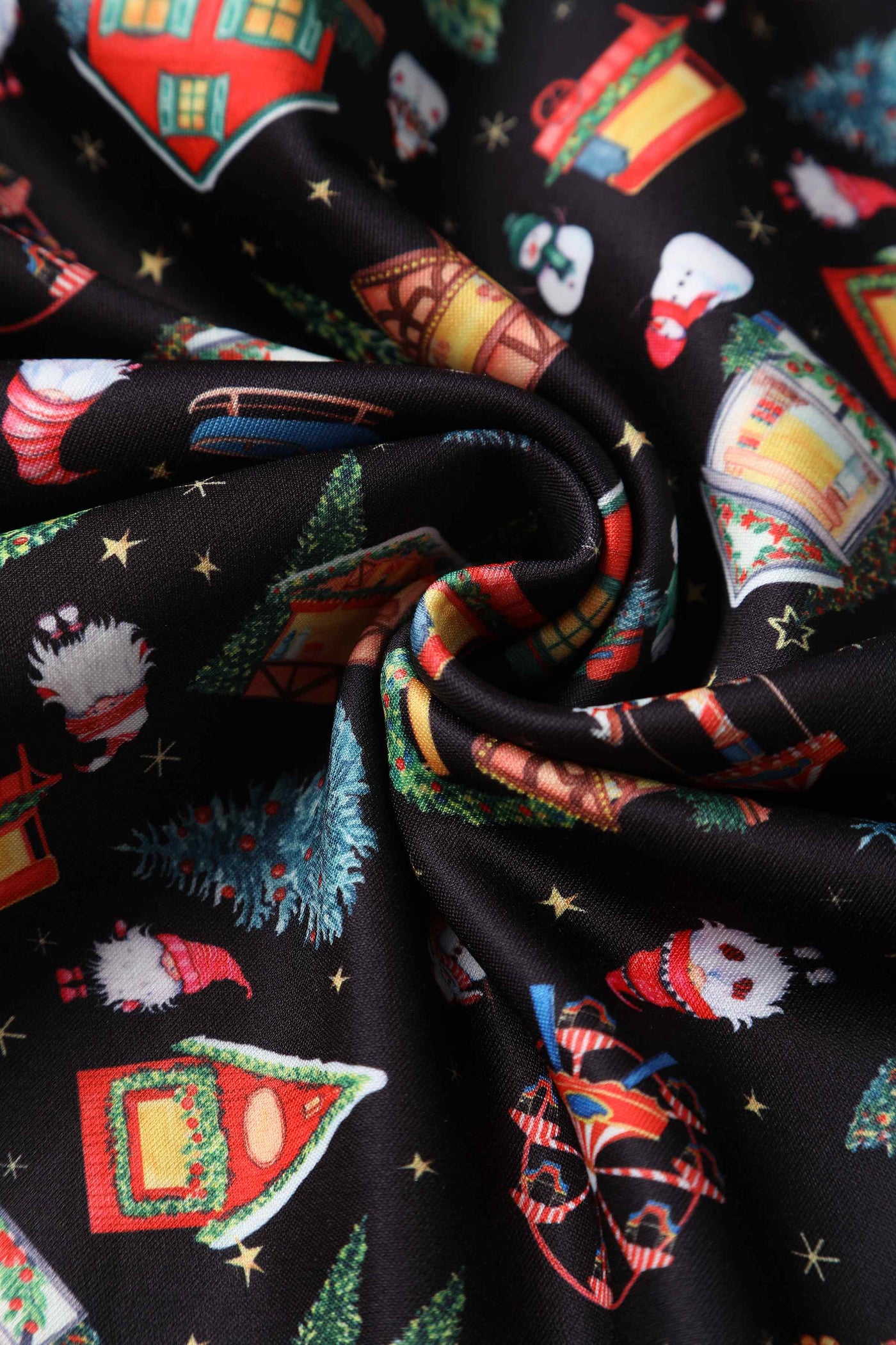 Close up View of Christmas Fair Print Off Shoulder Dress in Black