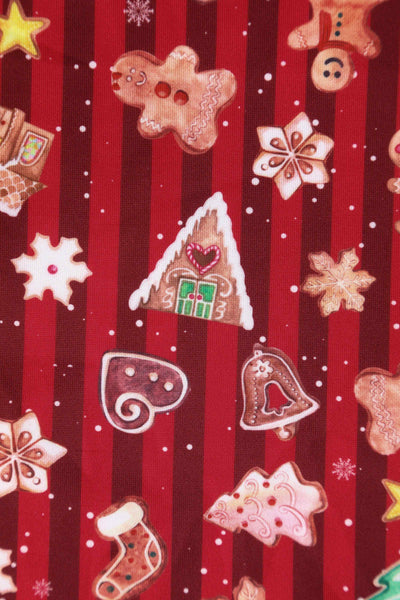 Close up View of Christmas Gingerbread Cookie Print Off Shoulder Dress in Red