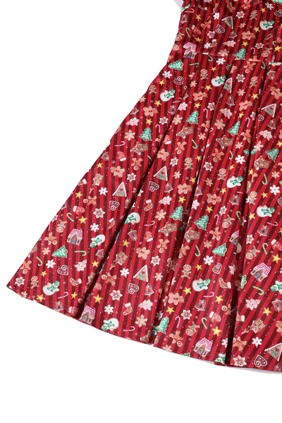 Close up View of Christmas Gingerbread Cookie Print Off Shoulder Dress in Red