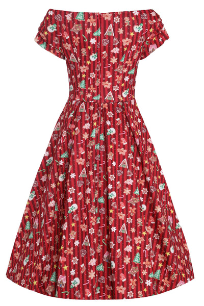 Back View of Christmas Gingerbread Cookie Print Off Shoulder Dress in Red