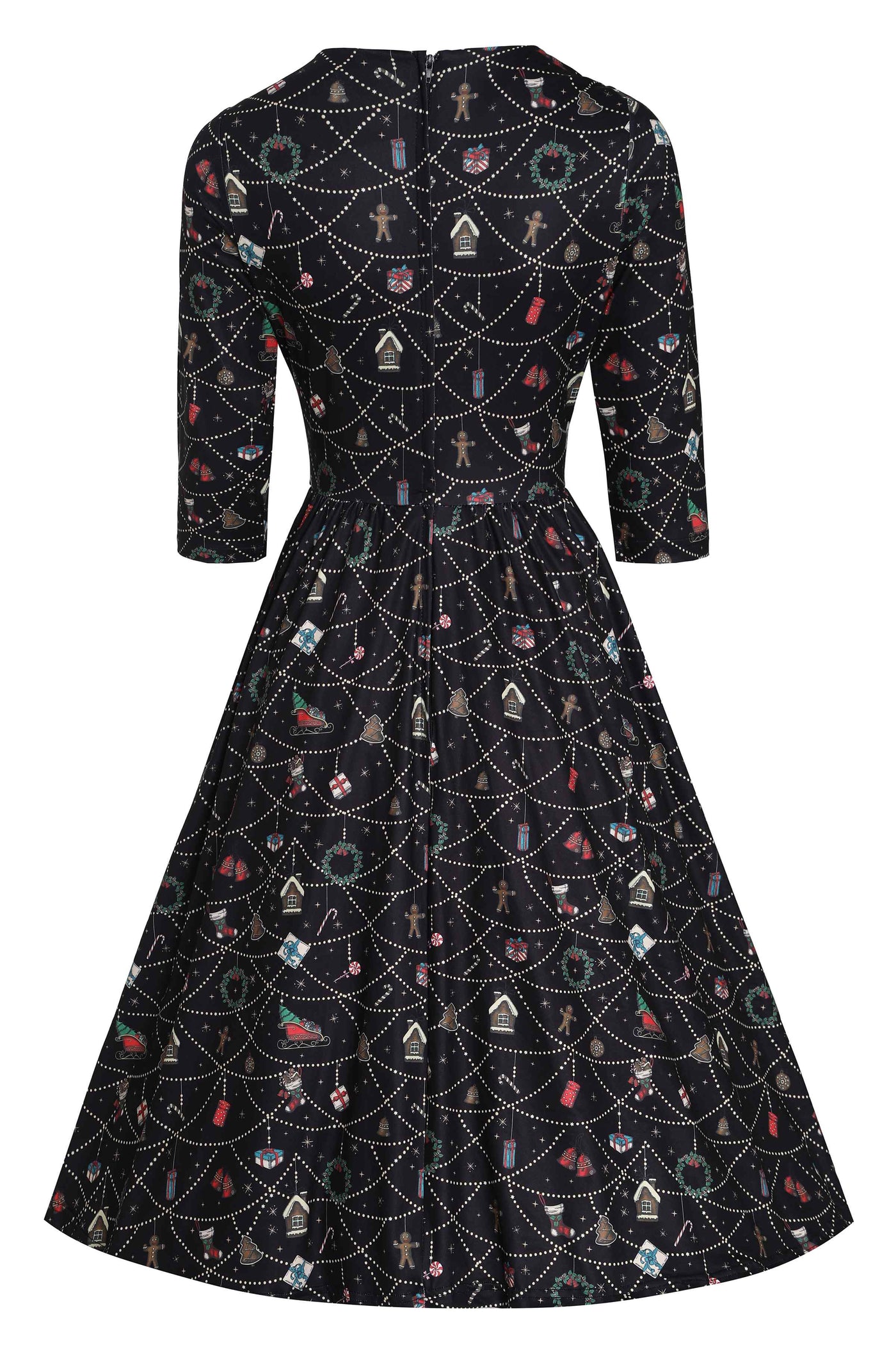 Back view of Christmas Print Long Sleeved Dress in Black