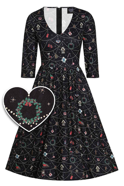 Front view of Christmas Print Long Sleeved Dress in Black