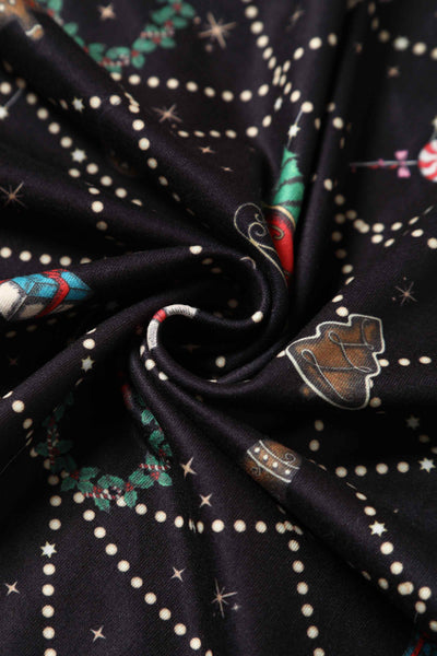 Front view of Christmas Print Long Sleeved Dress in Black