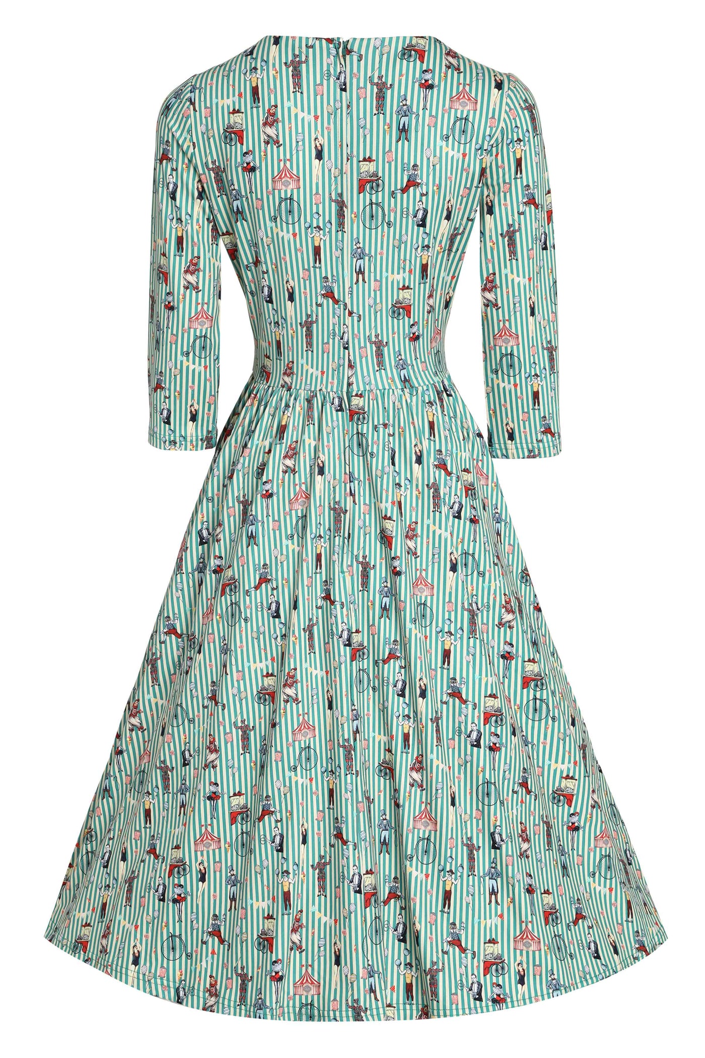 Back View of Circus Print with Stripes Long Sleeved Swing Dress in Green