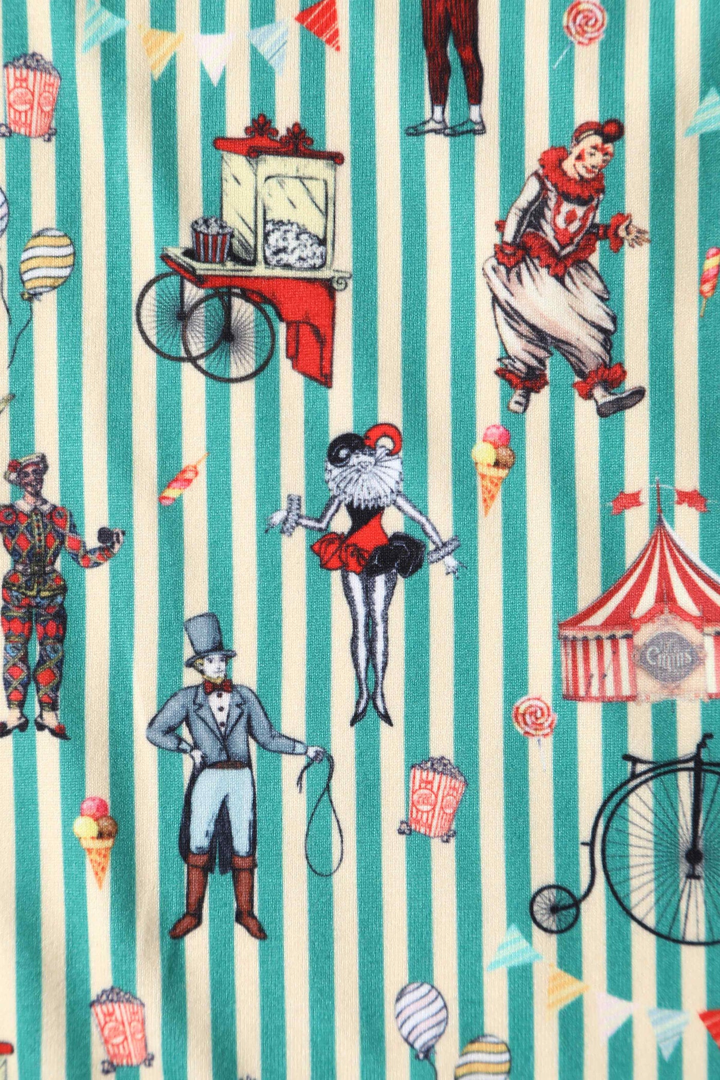 Close up View of Circus Print with Stripes Long Sleeved Swing Dress in Green