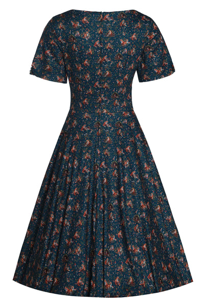 Back View of Classic Fox Den Print Flared Dress