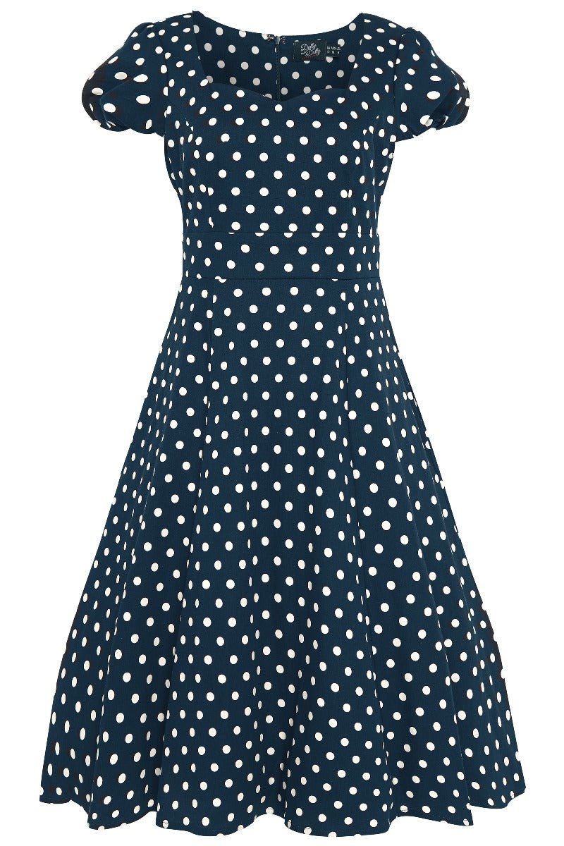 Claudia Flirty Fifties Style Dress in Dark Blue and White