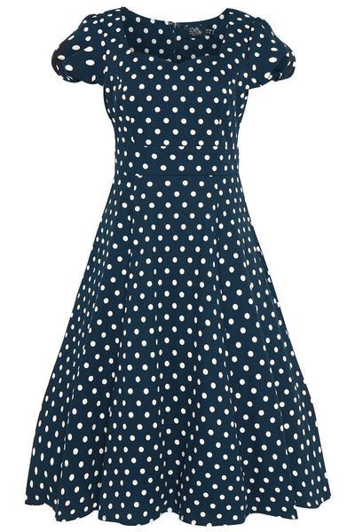 Claudia Retro Dress in Dark Blue/White Polka Dot Print