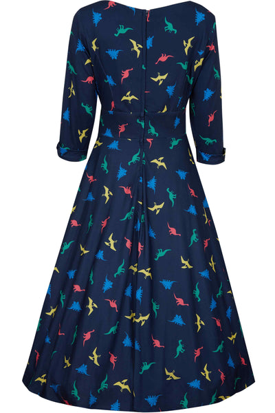 Back View of Colourful Dinosaur Print Midi Dress in Navy Blue