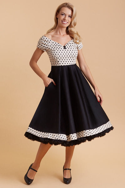 cream-black-polka-dot-50s-swing-dress-front-view