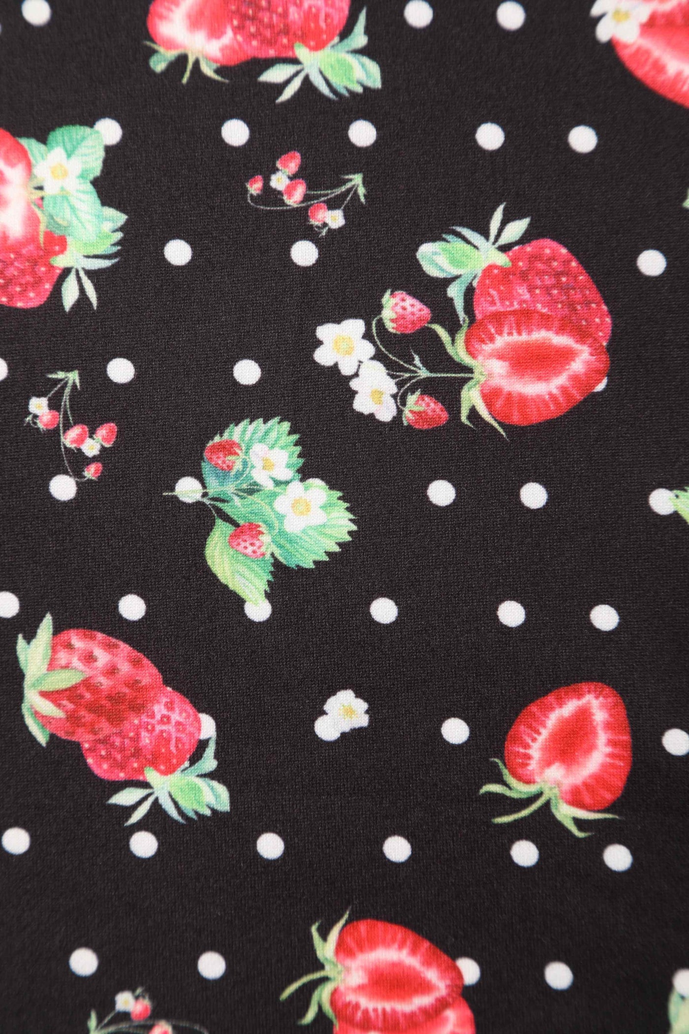 Close up of black/red strawberry print