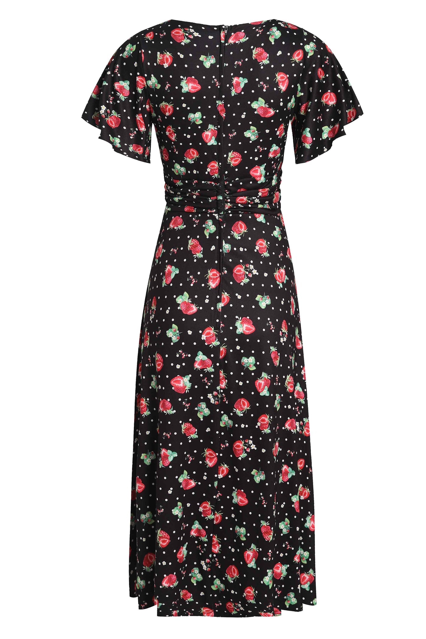 Back view of Black Casual Dress with a Strawberry print