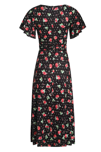 Back view of Black Casual Dress with a Strawberry print