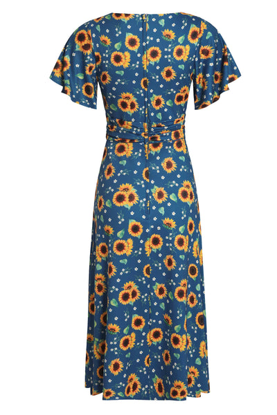Crossover Bust Blue Sunflower Dress