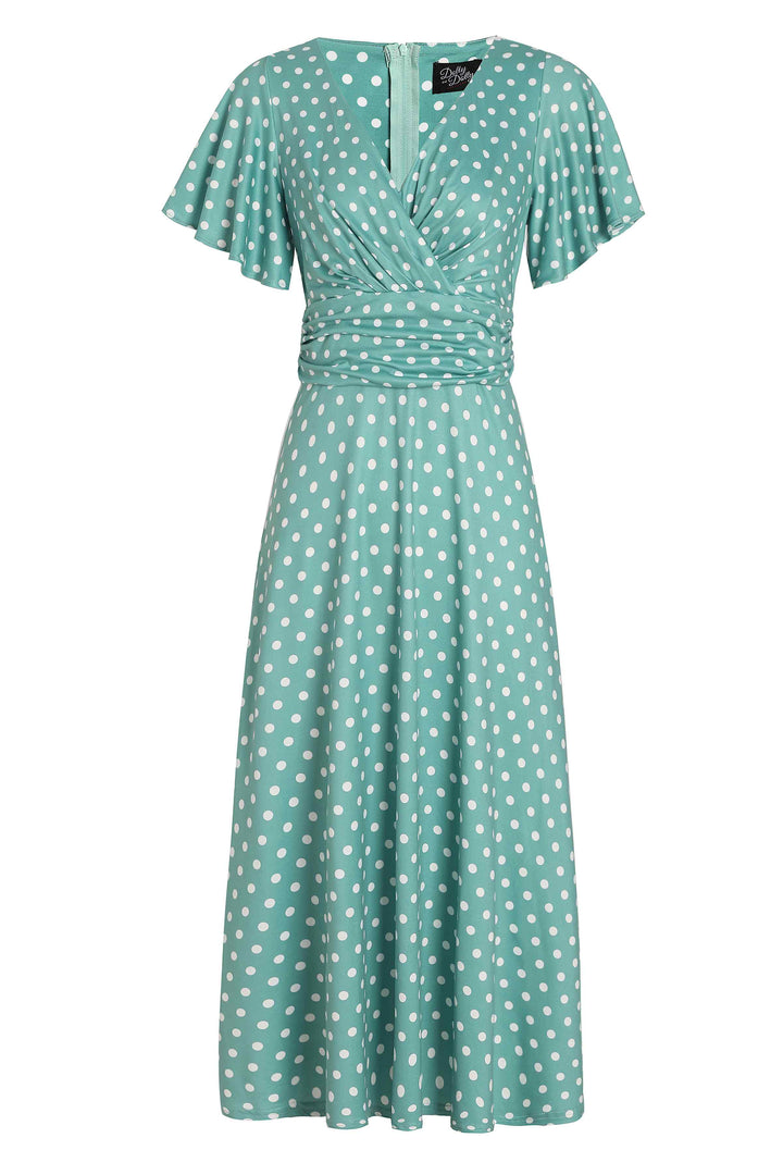 Donna Crossover Bust Sage Green Polka Dot Dress Donna Crossover Bust Sage Green Polka Dot Dress