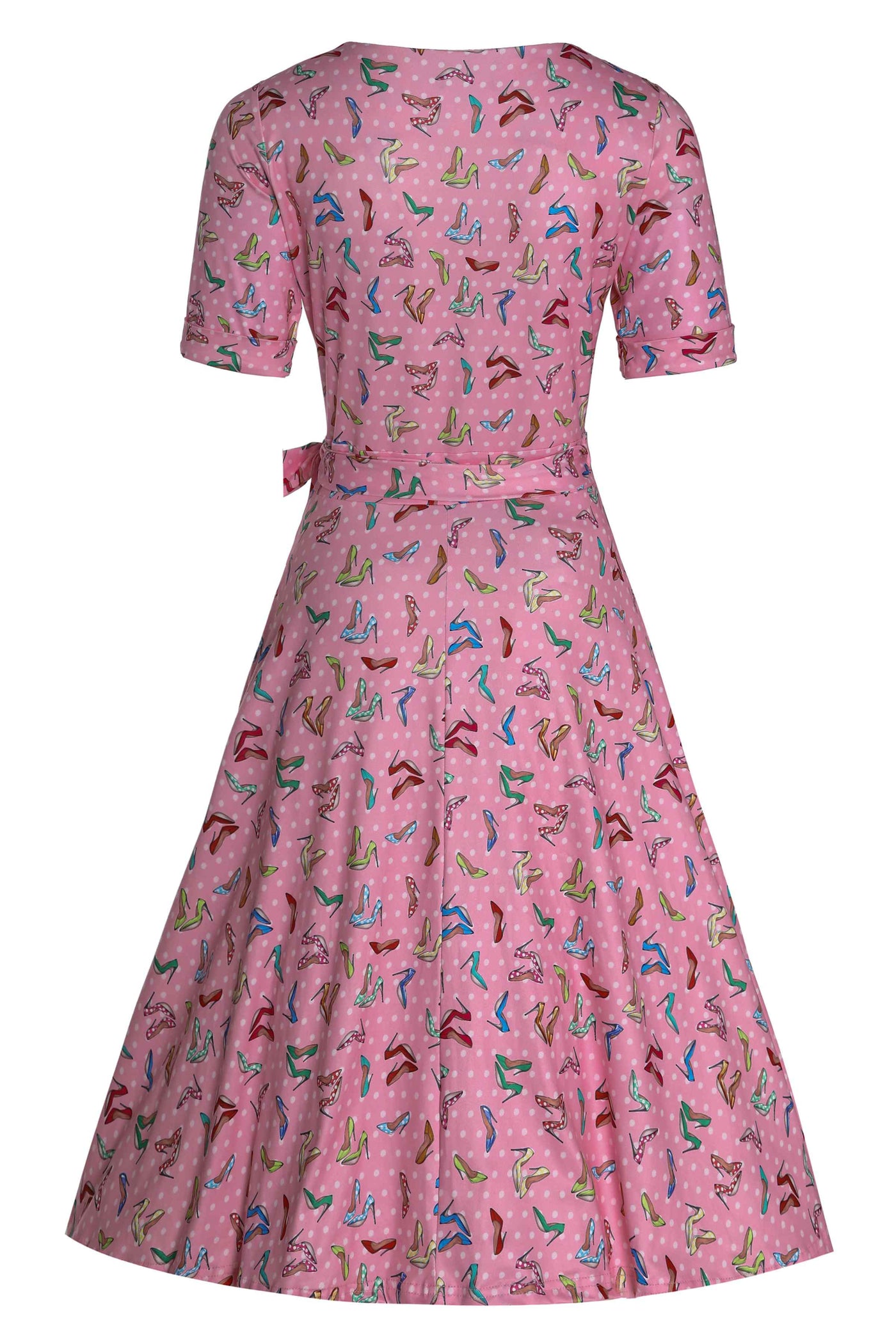 Back View of Cute Pink Stiletto Print Wrap Swing Dress