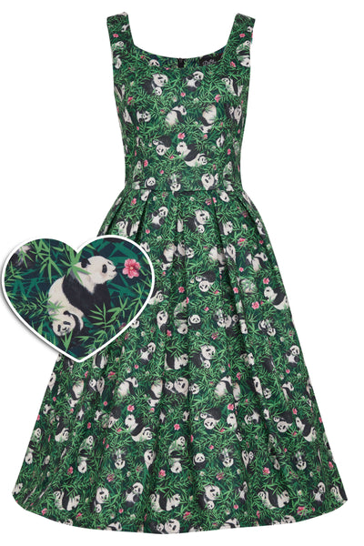 cute-swing-dress-with-green-panda-forest-print-front-view