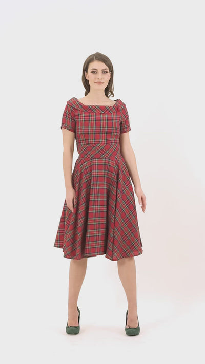 1950s Retro Highland Red Tartan Off Shoulder Circle Dress 